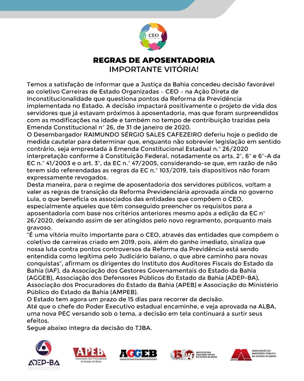 TJ-BA defere pedido cautelar e mantém regime previdenciário aos servidores que ingressaram no Estado até 31/12/2003