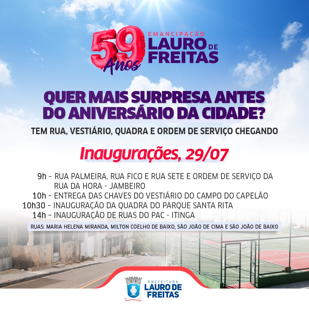 Comemoração dos 59 anos de emancipação de Lauro de Freitas tem entrega de obras e show virtual nesta quinta-feira (29)