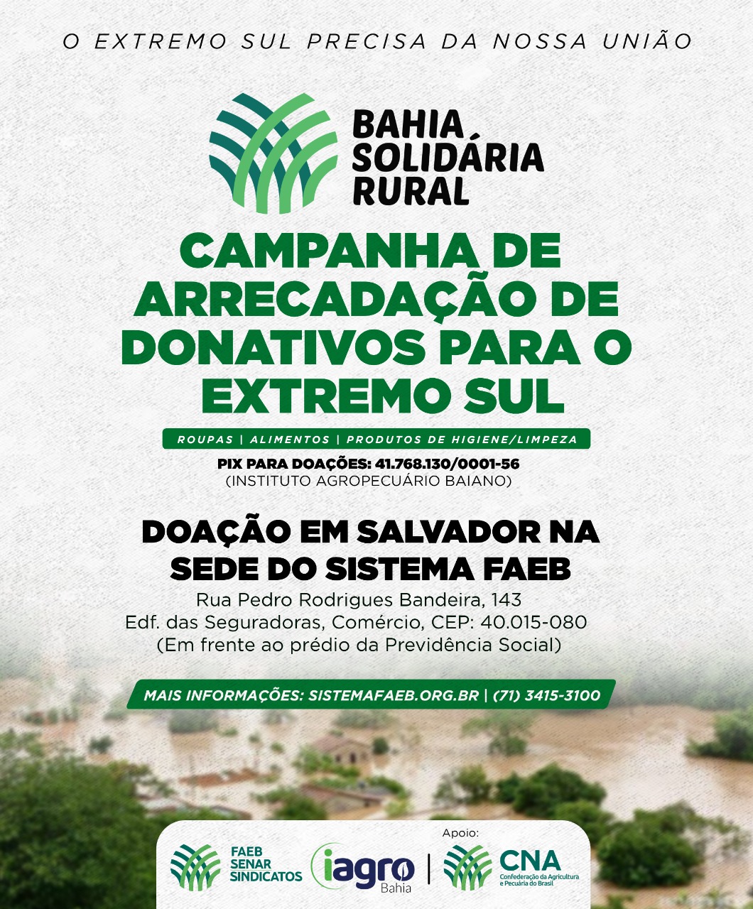 Sistema Faeb lança campanha para ajudar vítimas da chuva no Extremo Sul da Bahia
