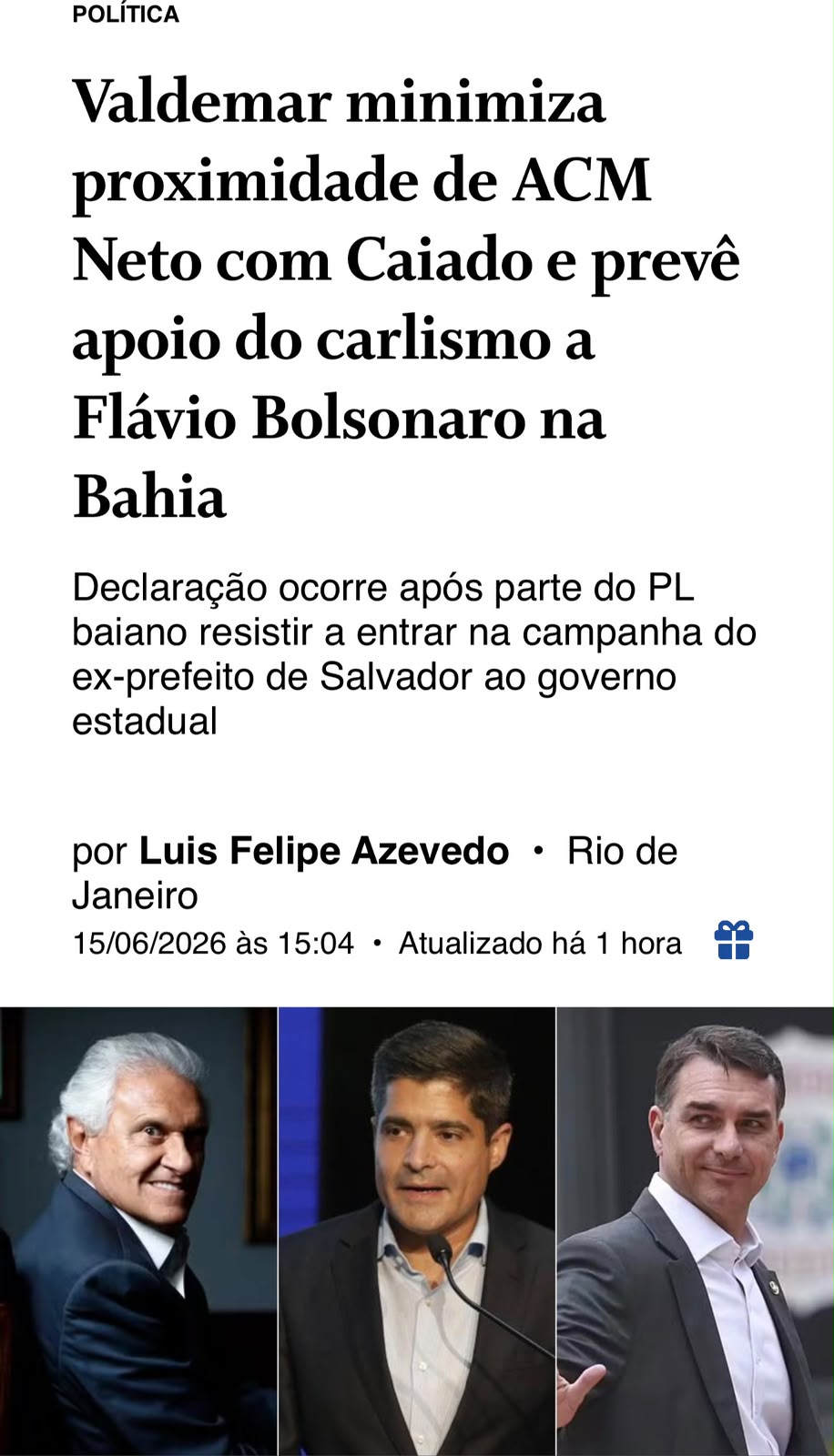 Imprensa nacional já confirma apoio de ACM Neto a Flávio Bolsonaro